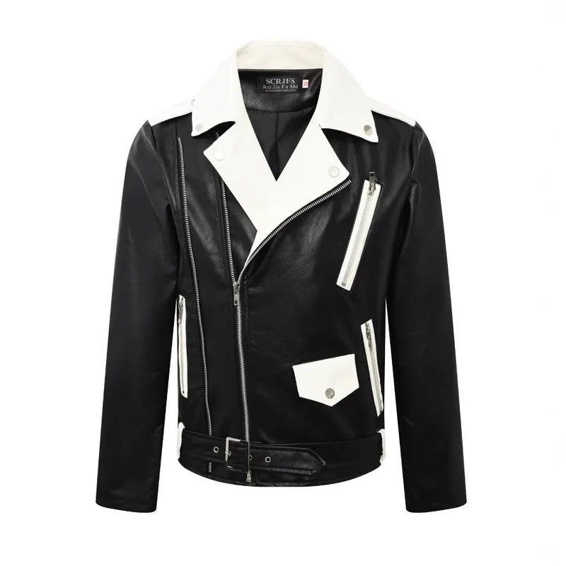Spring Men's Long-Sleeve Synthetic Leather Jacket, Black and White Color-Blocked Decorative PU Outerwear, Fashionable Biker Coat