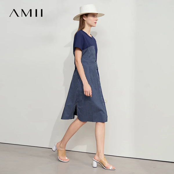 រ៉ូបរដូវក្តៅ AMII Minimalism សម្រាប់នារី កអាវខ្លី ដៃខ្លី ឆ្នូតយឺត ពណ៌ផ្ទុយ រ៉ូបចូលរួមពិធីជប់លៀង 12542262