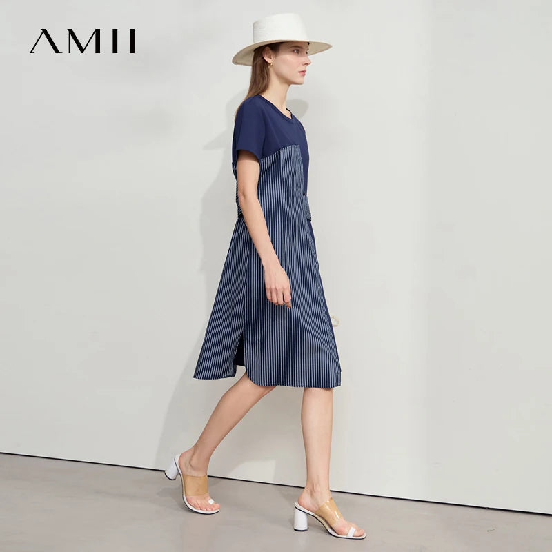 រ៉ូបរដូវក្តៅ AMII Minimalism សម្រាប់នារី កអាវខ្លី ដៃខ្លី ឆ្នូតយឺត ពណ៌ផ្ទុយ រ៉ូបចូលរួមពិធីជប់លៀង 12542262