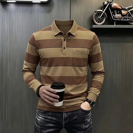 Autumn Basic Long Sleeve Polo Men Turn Down Collar Stripe Pattern Material Easy Matching Daily Commute Apparel