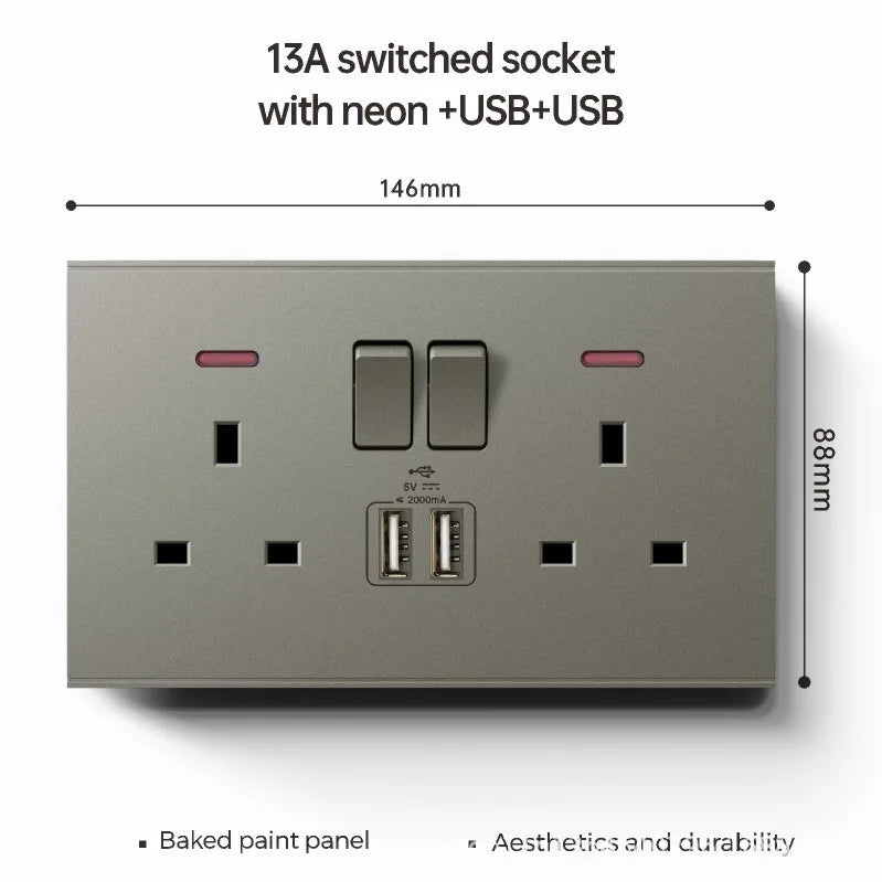 UK 13A with USB Type-c 18W Quick Charge Wall Power Socket Plug,Universal Wall light Switch Panel Dual USB Electrical Outlet