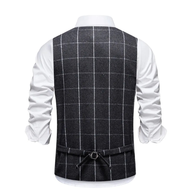 Men's Black Suit Vest; White Checkered Single-breasted V-neck Sleeveless Vests; European Sizes.