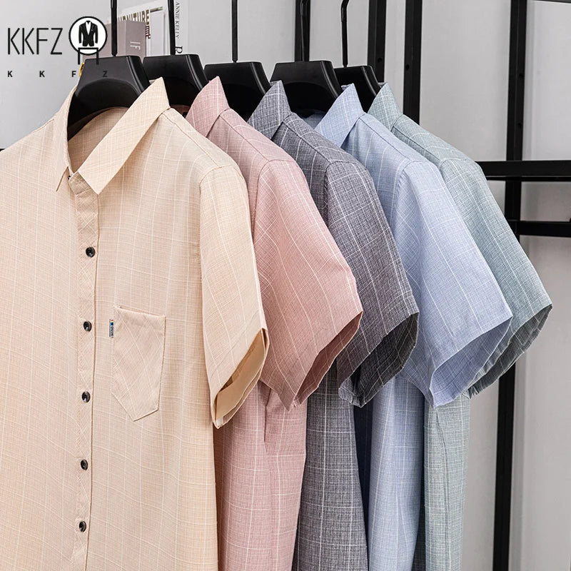 Mens Regular Fit Plaid Pattern Short Sleeve Shirt Turn Down Collar Tops For Men Daily Office And Work