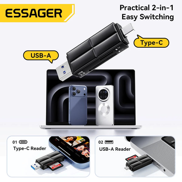 ឧបករណ៍អានកាត Essager USB 3.0/Type-C ទៅ SD Micro SD TF Memory Card Adapter សម្រាប់គ្រឿងបន្លាស់កុំព្យូទ័រយួរដៃកុំព្យូទ័រ Smart Cardreader Card Reader