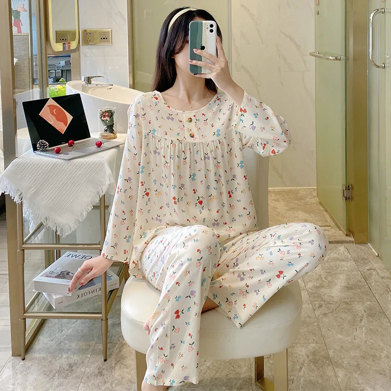 Cotton Rayon Pijamas Set For Women New Printed Spring Autumn Pajamas Female Loungewear Large Size Sleepwear пижама женская