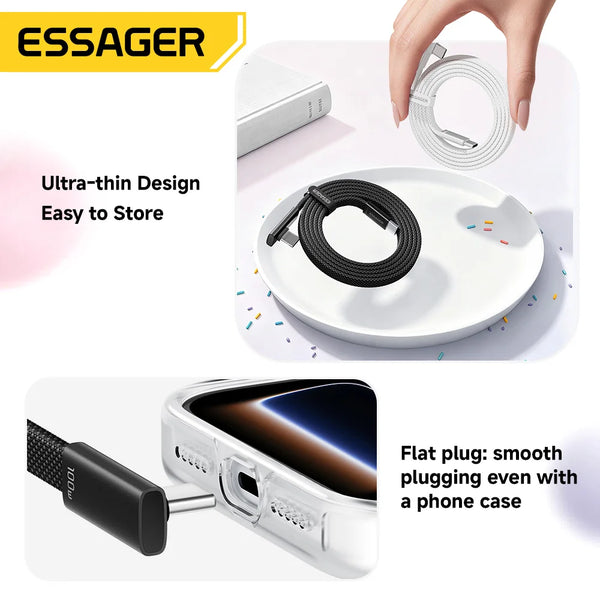 ខ្សែសាក Essager Elbowed 100W USB Type C សម្រាប់ iPhone 17 16 Pro សាកលឿន Type C សម្រាប់ iPad MacBook Pro Xiaomi Samsung Huawei