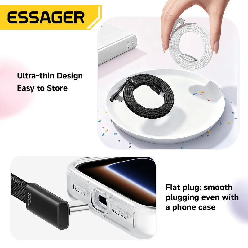 ខ្សែសាក Essager Elbowed 100W USB Type C សម្រាប់ iPhone 17 16 Pro សាកលឿន Type C សម្រាប់ iPad MacBook Pro Xiaomi Samsung Huawei