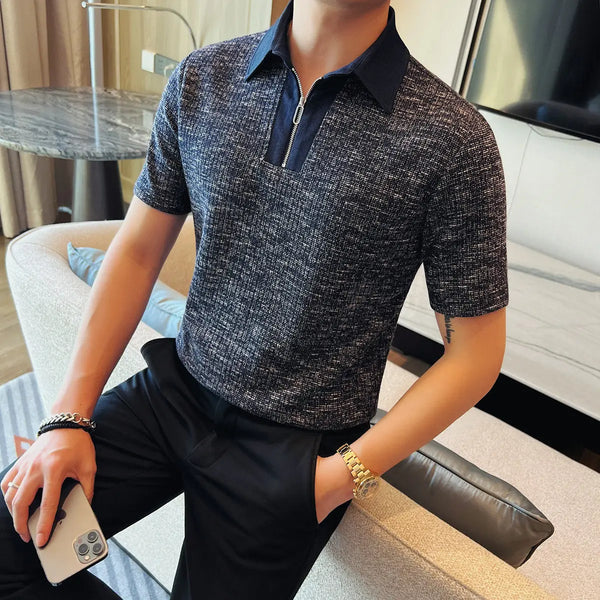 High Quality Men's Stretchable Knitted Polo Shirt Short Sleeve Zipper Collar Textured Breathable Summer Casual Fashion Top