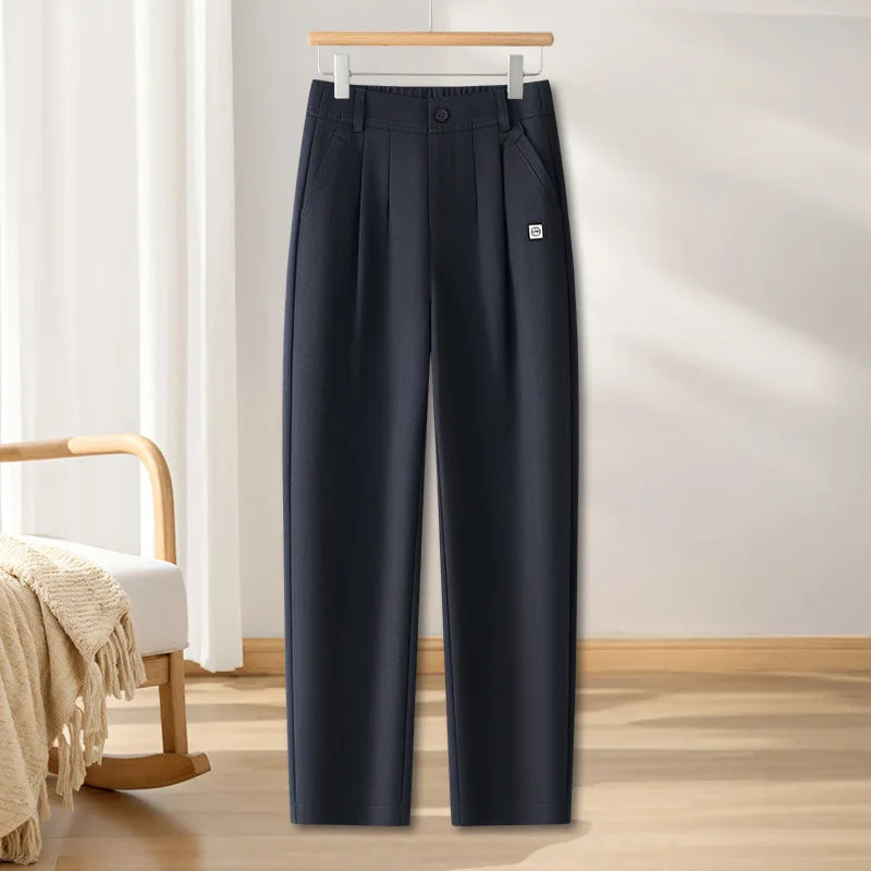 Off-white Women's Casual Pants, New Fall High-waisted Pleated Harem Pants, Asian Sizes Navy Blue Stretch Trousers, S-XXXL.
