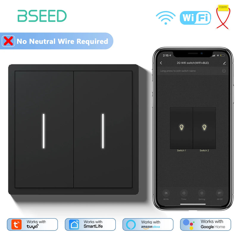 BSEED WIFI Button Light Switch 1/2/3/4Gang Smart Switch Plastic Frame Tuya Smart Life Alexa Voice Control Without Neutral Line