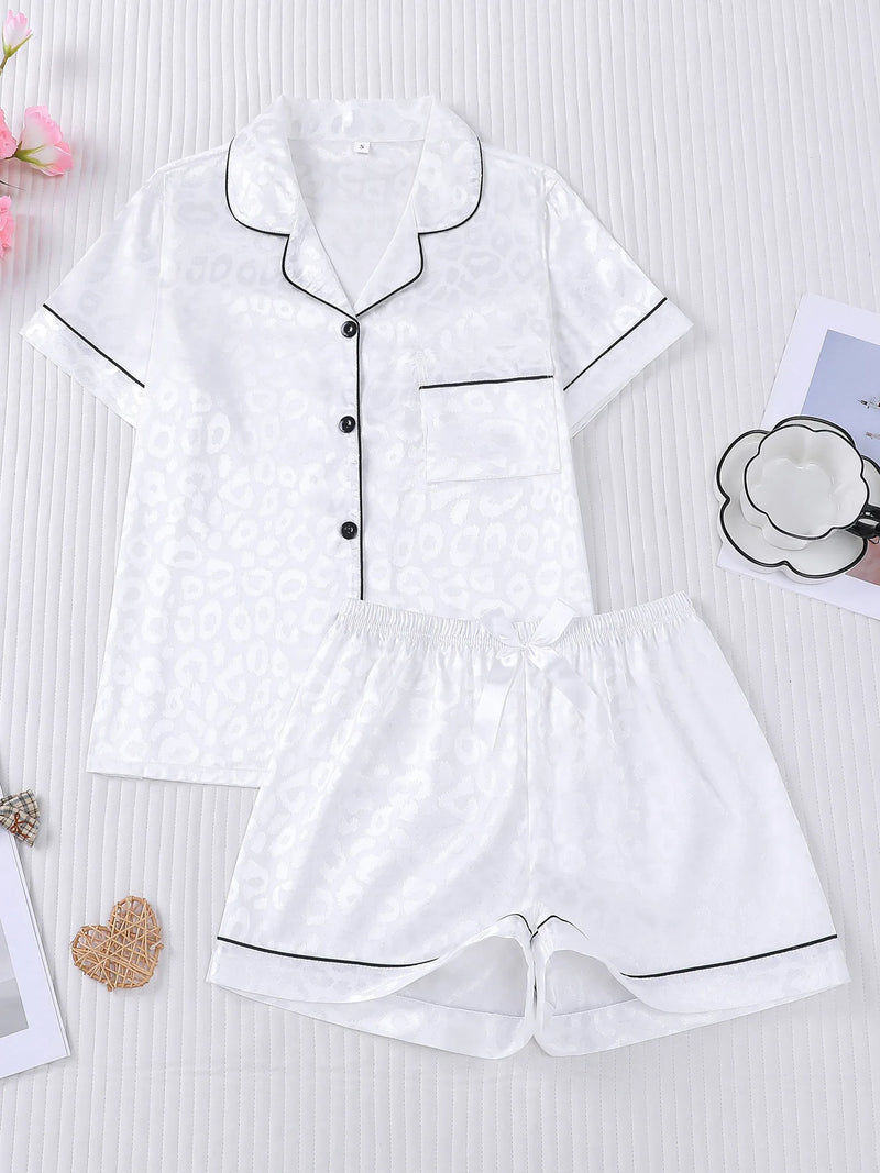 Leopard Print Summer Pajamas with Shorts Lapel Collar Tops Loungewear Sets Woman Nightwear New Ice Silk Short Sleeve Sleepwear