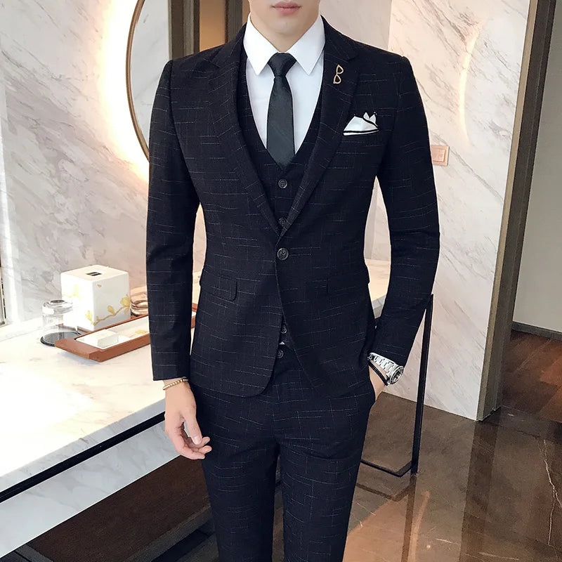 2026 Men Black Classic Striped/Checked Suits, Men's Business Office 3-Piece, Asian Size Slim Fit Sets, Blue/Gray Available
