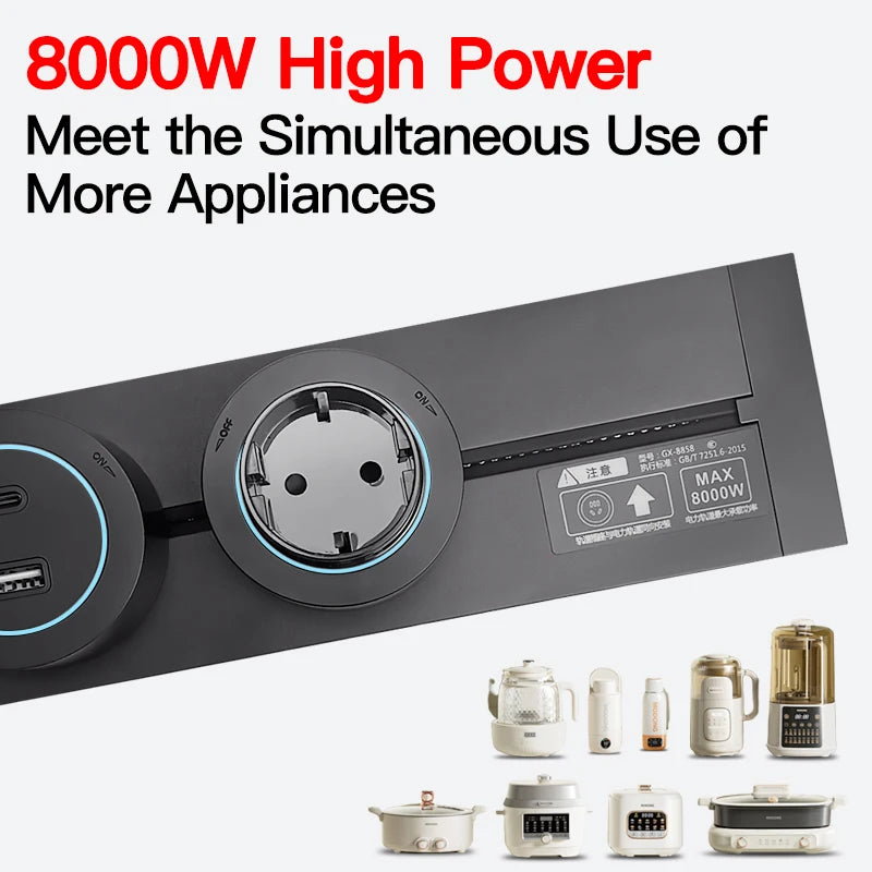 Multistandard Wall Power Track (40cm 50cm), USB-C Enabled Electric Sockets Plugs Adapters Grey Black for Office Use