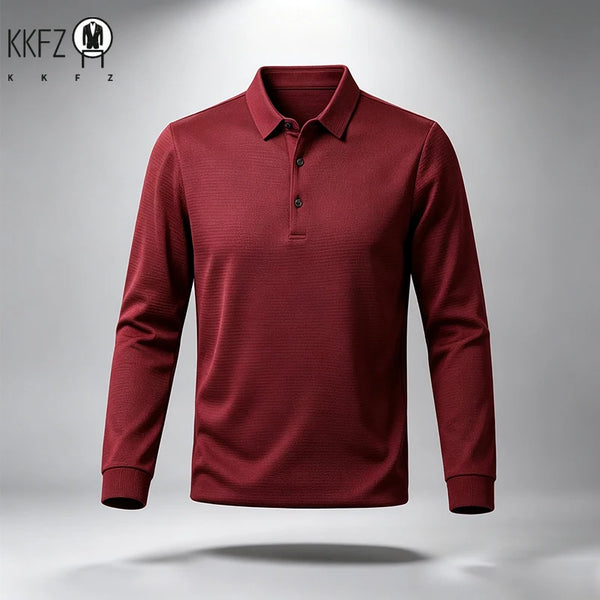 Men Long Sleeve Lapel Polo Shirt Lightweight Textured Knit Button Top Suitable For Business Meeting Daily Wear