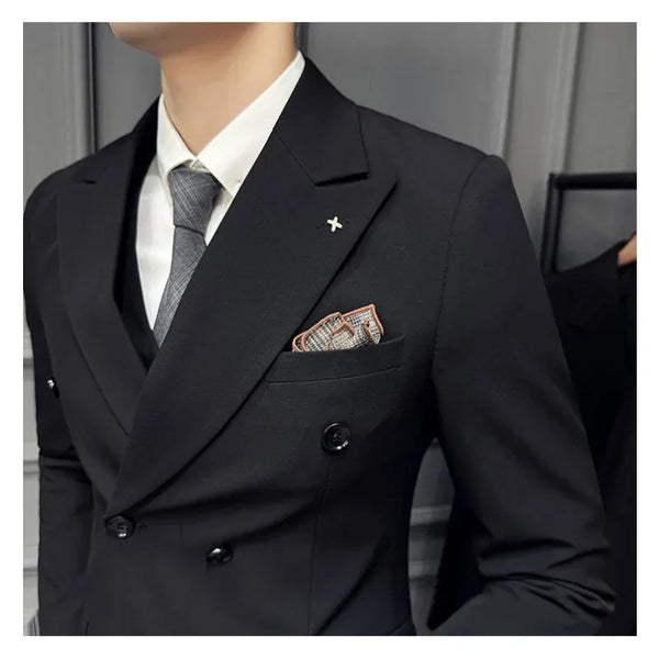 Men's Luxury Double-Breasted Suit Set (Jacket, Vest & Pants) - Stretch Fabric Business Casual Blazer with Extended Sizes S-7XL