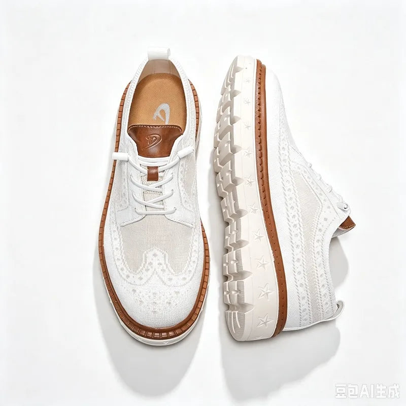 Plus Size 50 51 52 53 54 Men's Knit Upper Wingtip Brogue Casual Shoes Breathable Platform Walking Oxfords Lightweight Sneakers