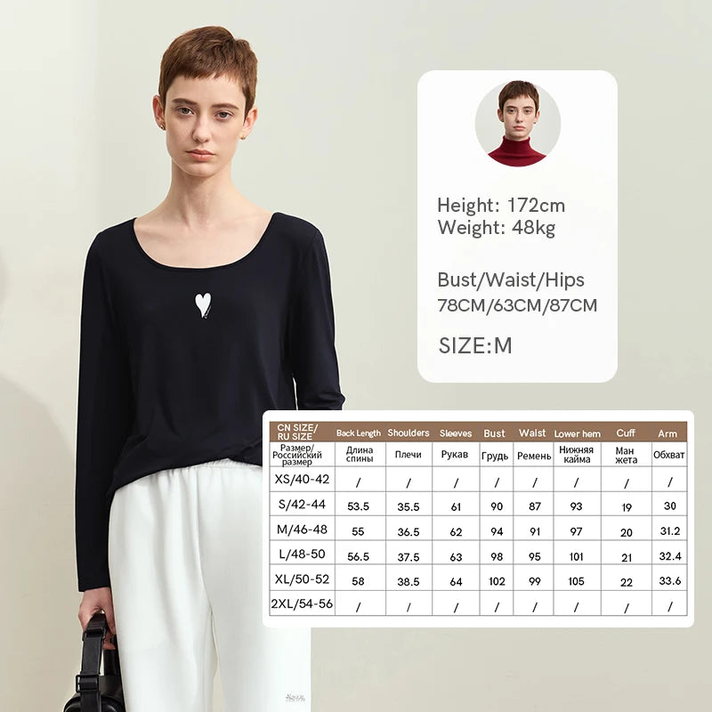Amii Women's Casual T-shirt 2026 Autumn New Contrast Color Print U-neck T-shirt Female Cotton Basic Long Sleeve Top 12611034