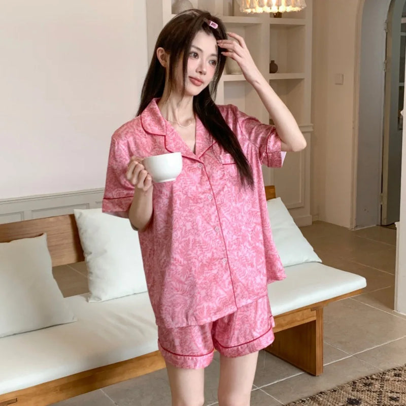 2 Pieces Floral Sleepwear Women's Summer Pajamas with Shorts Nightwear Elegant Lapel Button Pyjamas Ladies Loungewear Suit
