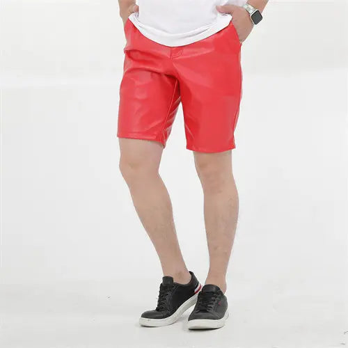 Summer Thin Section Men's Black Stretch Leather Shorts, Work Style Shorts Red White Blue PU Pants Male Five-point Pants 29-40 42