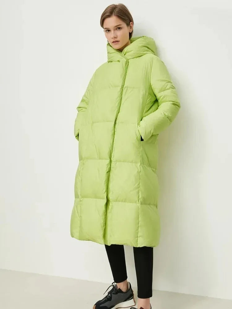 AMII Women's Down Coats Long Jacket Casual Loose Hooded Covered Button Coats 2026 Winter New Versatile Ladies Clothing 12424110