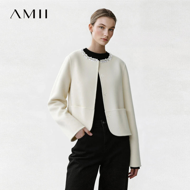 Amii Women's Tweed Coat Double-Faced Wool Crew Neck Relaxed Fit Commuter Minimalist Winter 2026 Coats for Women 12624041