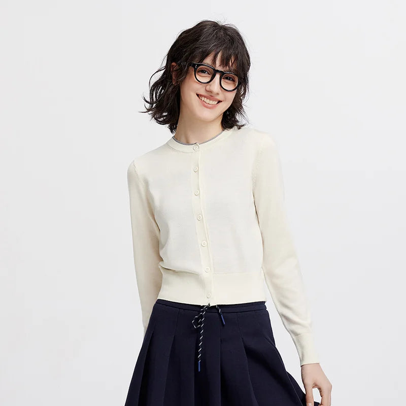 Semir Women Cardigan Short Contrast Crew Neck Faux Two Piece Wool Blend Soft Elegant Autumn Knitwear Daily Wear 2026