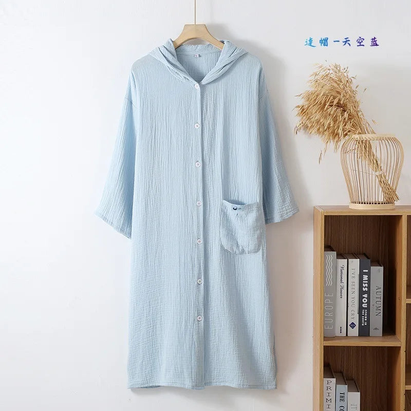 100% Cotton Loose Cardigan Dress Buttons Hooded Long Sleeved Nightgowns Female Home Wear Nightshirt Lounge Women Nightdress