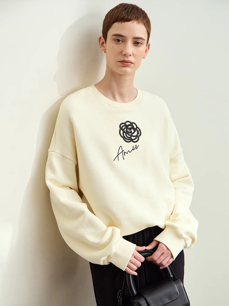 Amii Minimalism 2026 New Autumn Cotton Brushed Sweatshirt For Women O-neck Rose Embroidery Drop Sleeve Trendy Pullovers 12413003