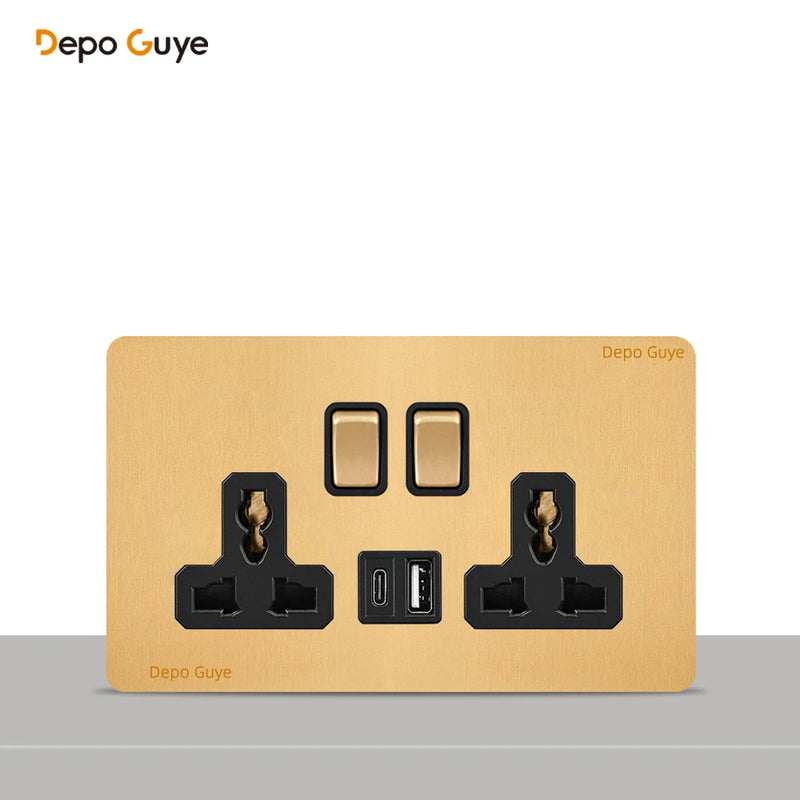 146 Type Retro Metal Panel UK 13A Wall Socket,Bronzed Stainless Steel Power Universal 3-pin Dual Power Socket With USB C charge