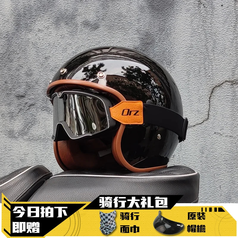 Latest Retro Motorcycle Helmet Open Face 3/4 Chopper Bicycle Helmet Capacete with Lens DOT Approved orz-060