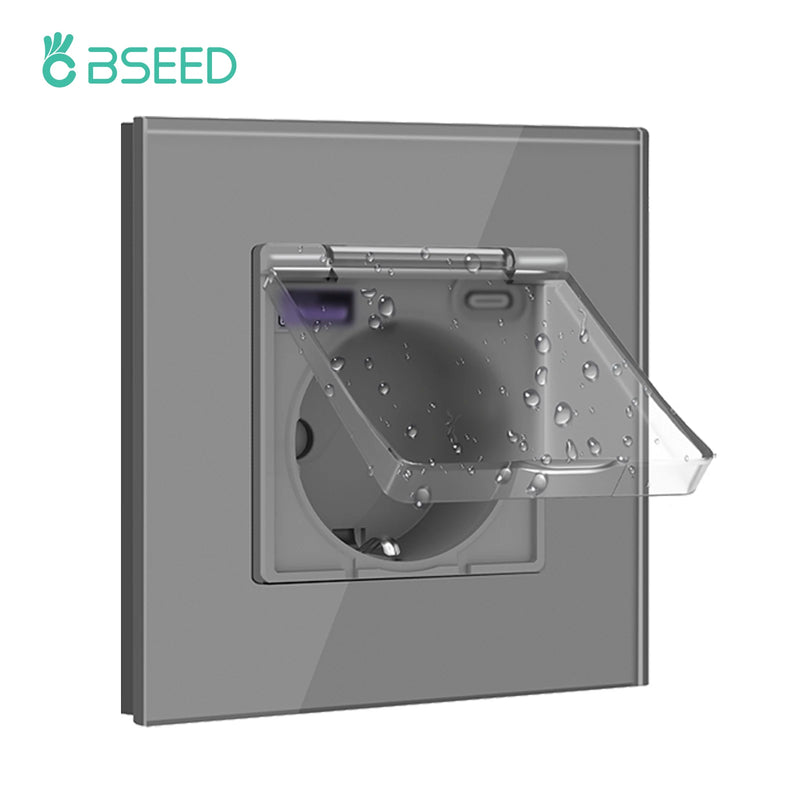 BSEED M1 Series EU Standard Single Power Socket With Waterproof Cover Socket With 20W USB Type-C Port Glass Frame 110-250V