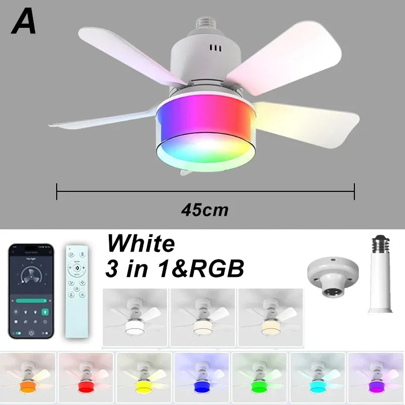 Fan Light with Remote and APP Control RGB Dimmable LED E27 Socket Ceiling Fan Modern Simple for Bedroom Kitchen Room Lighting