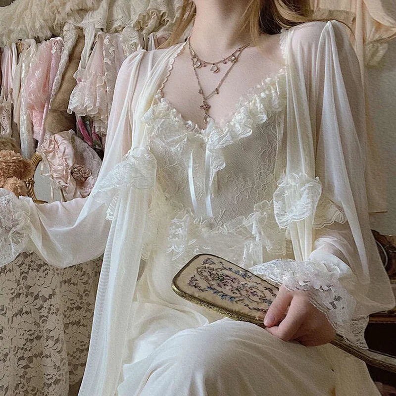 Vintage Female Court Style Thin Robe/Nightdress Ladies Princess Nightgowns Fairytale Pajamas Sleepwear Women's Home Clothing