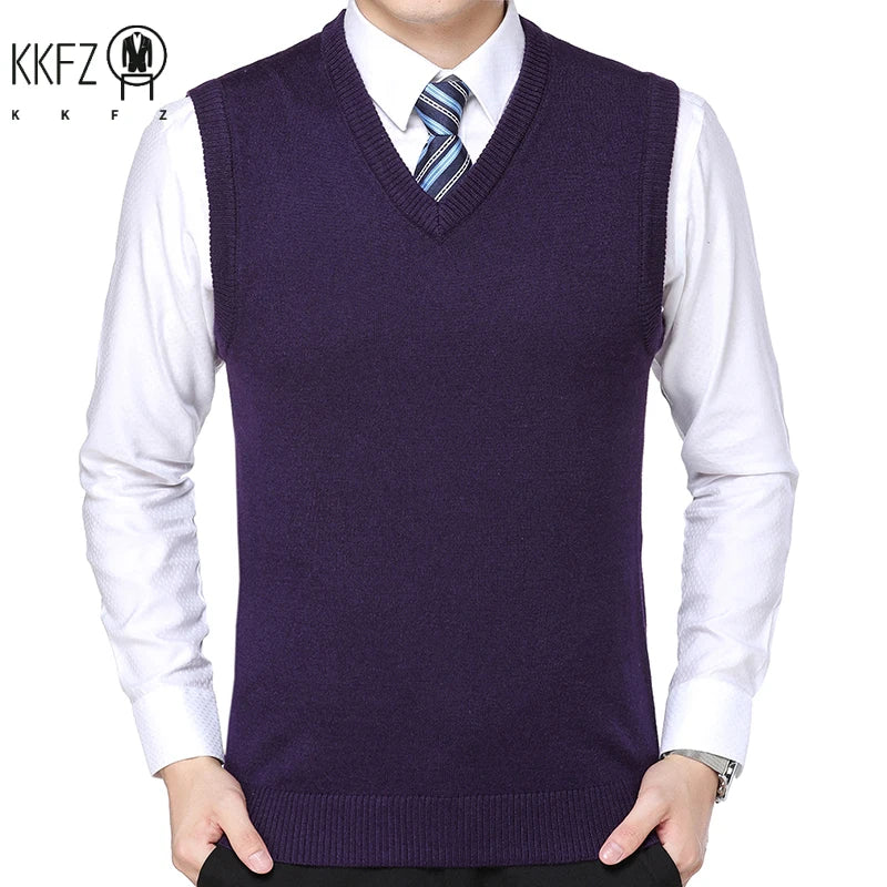 2026 Autumn Winter New Men's Solid Color V-neck Knitted Vest Casual Fashion Warm Sweater Versatile Top