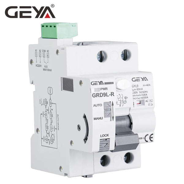 ឧបករណ៍បំបែកសៀគ្វី GEYA GRD9L-R RCCB ឧបករណ៍បិទដោយស្វ័យប្រវត្តិ 2P 40A 30mA 100mA 300mA RCD ឧបករណ៍បំបែកសៀគ្វីឆ្លាតវៃ ប្រភេទ AC