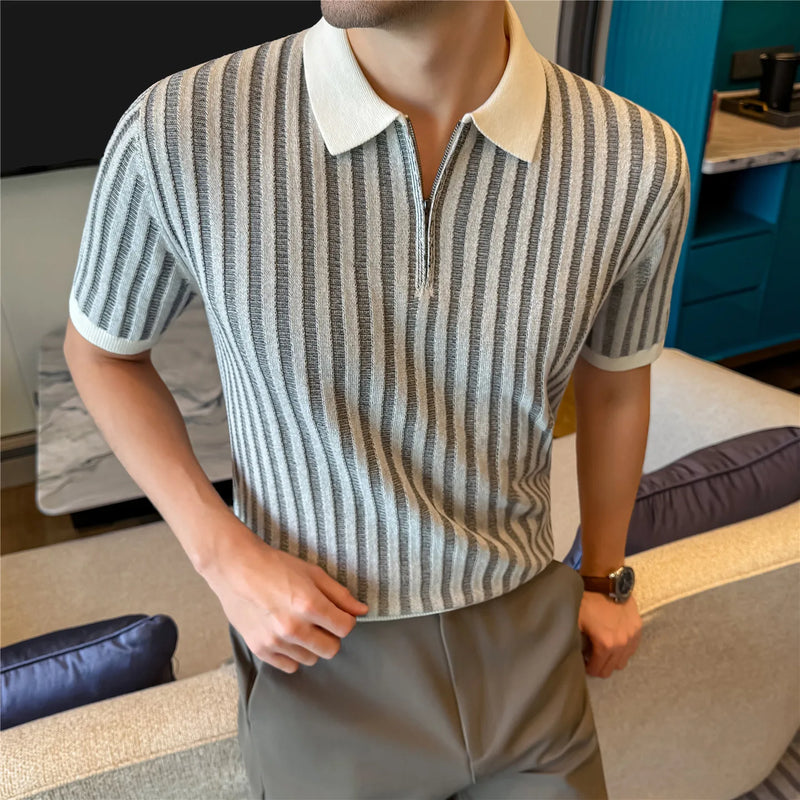 Lyocell Linen Polo Shirt Striped Half Zipper Knitted Short-Sleeved T-shirt T Men's Knitted Short Sleeve Breathable Perspiration