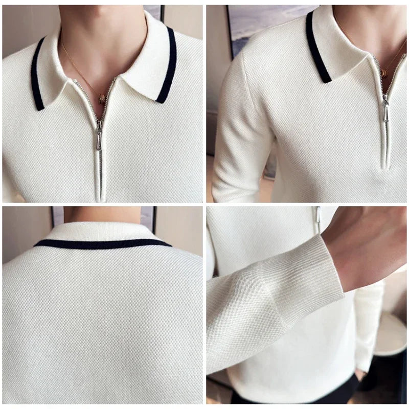 Men's Half Zip Polo Neck Knit Sweater, Color Block Design, Thick Winter Pullover, Business Casual High Collar Jumper
