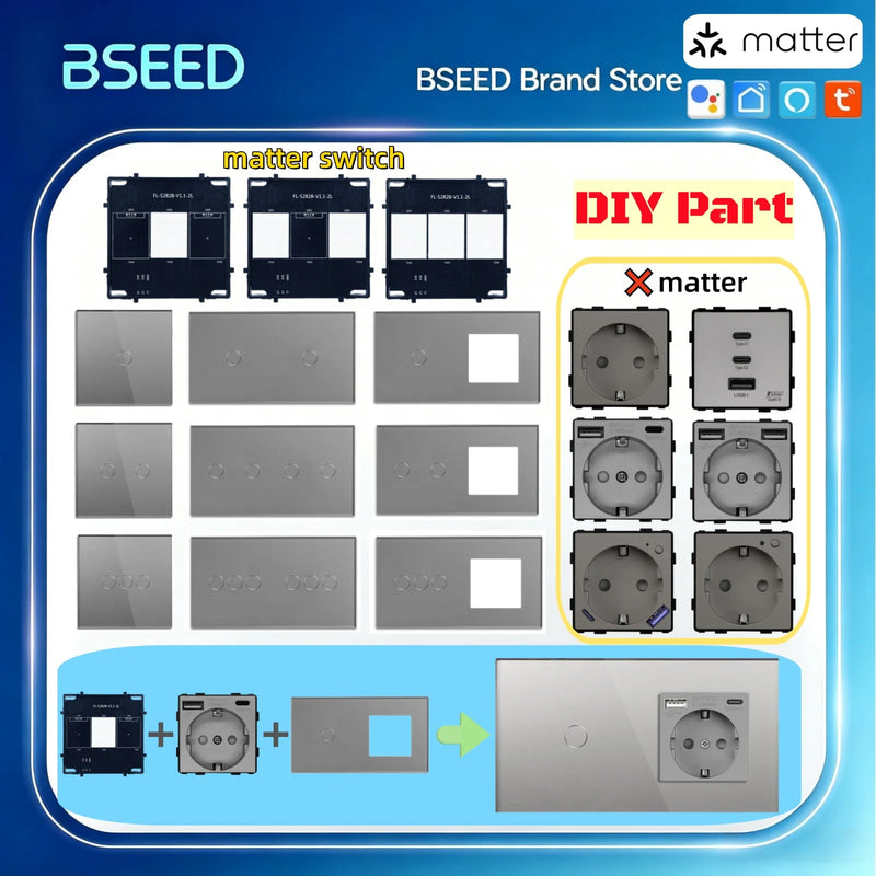 BSEED Matter Touch Switch Part 1/2/3Gang Smart Switch Tuya Smart Life APP Control EU Socket Module Glass Panel Free Combination