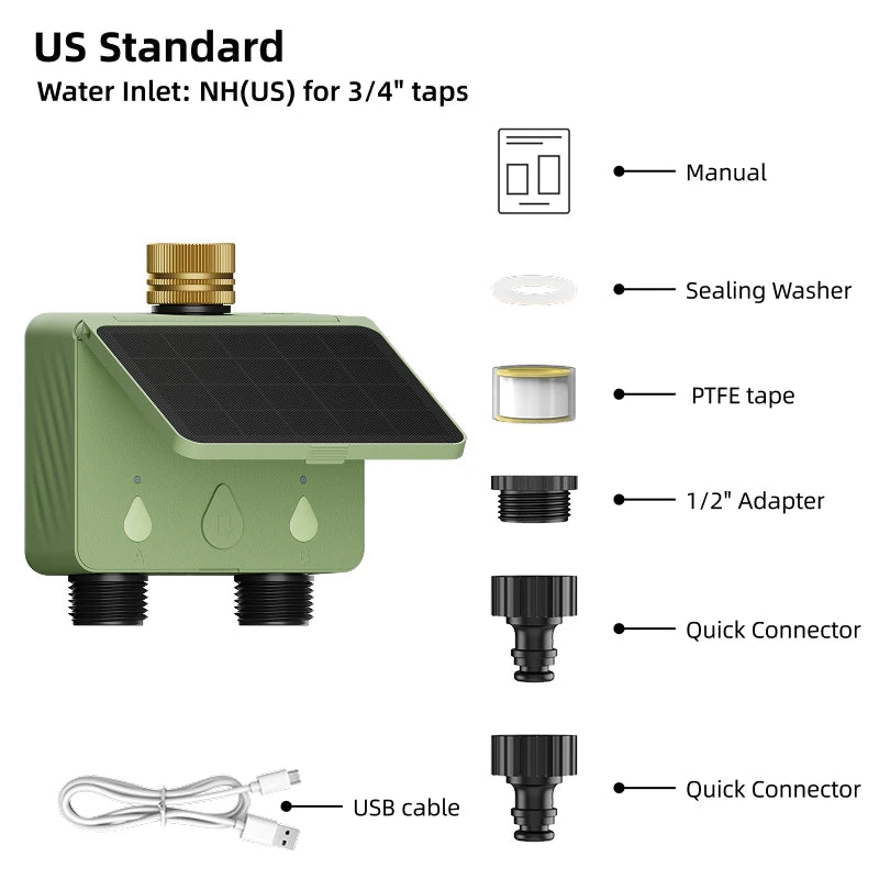 Smart WiFi 2 Zone Sprinkler Flow Detection Water Timer Tuya Garden Irrigation Controller Solar Power Automatic Watering System
