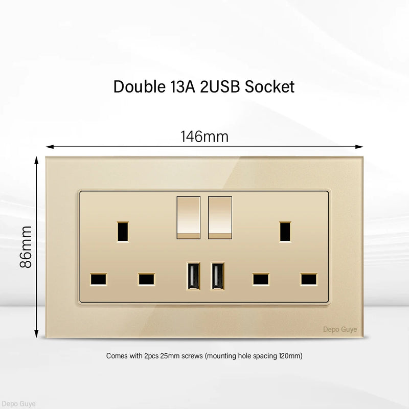 Gold UK 13A Tempered Glass Dual Socket,Universal Power Outlet With USB Type C 18W Quick Charge,Home Light Electric Switch Panel