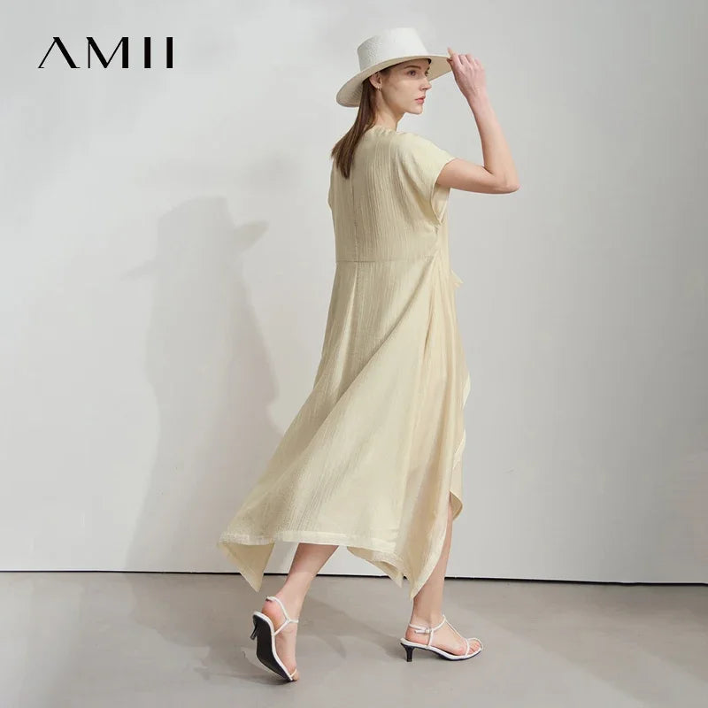 Amii Minimalist Women's Short Sleeved Dress 2026 Summer New Solid Irregular Loose Elegant H Shaped Commute Long Dress 12541134