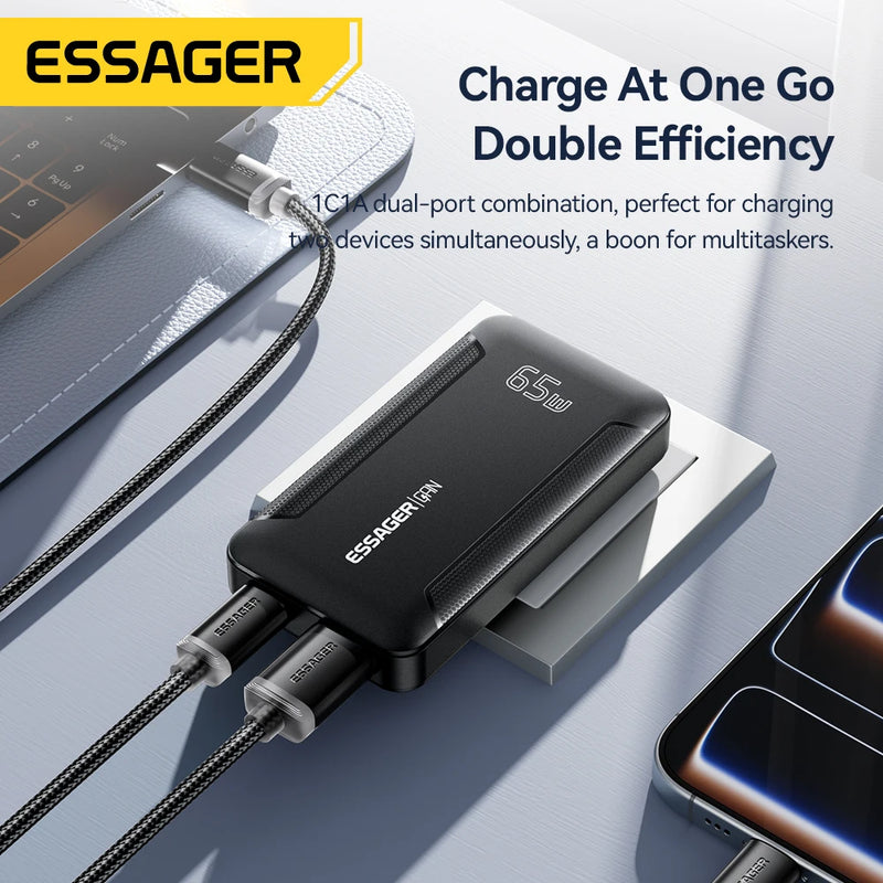 ឆ្នាំងសាក Essager Ultra Thin 65W GaN Pro Travel Charger Quick Charge 4.0 PD3.0 សាកថ្មចល័តប្រភេទ C សម្រាប់ iPhone Samsung Macbook Laptop