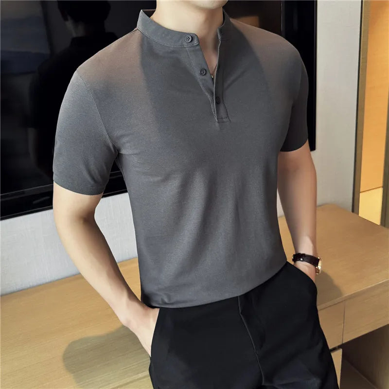 2025 New Men's Army Green Henley Polo Shirt – Summer Thin-style Breathable Short-Sleeve T-Shirt (Black/Beige/Gray, Sizes M-3XL)