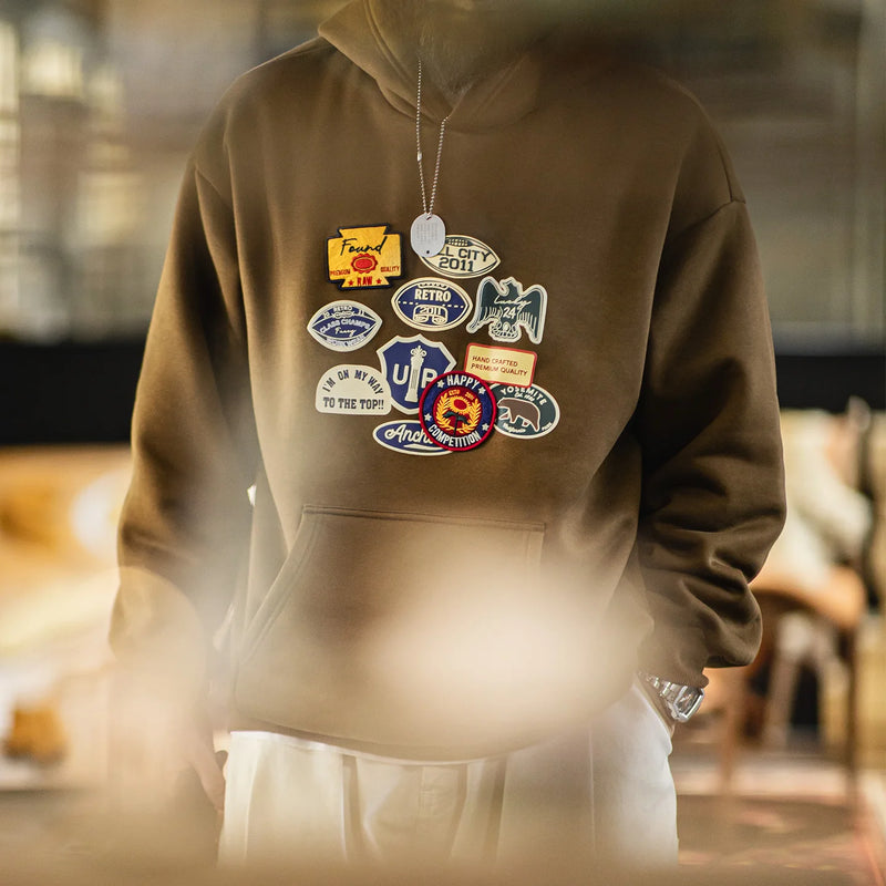Maden Vintage Men's Embroidered Badge Hoodie Brown Sherpa Fleece Warm Pullover Relaxed Fit Casual Knit Tops for Fall Winter
