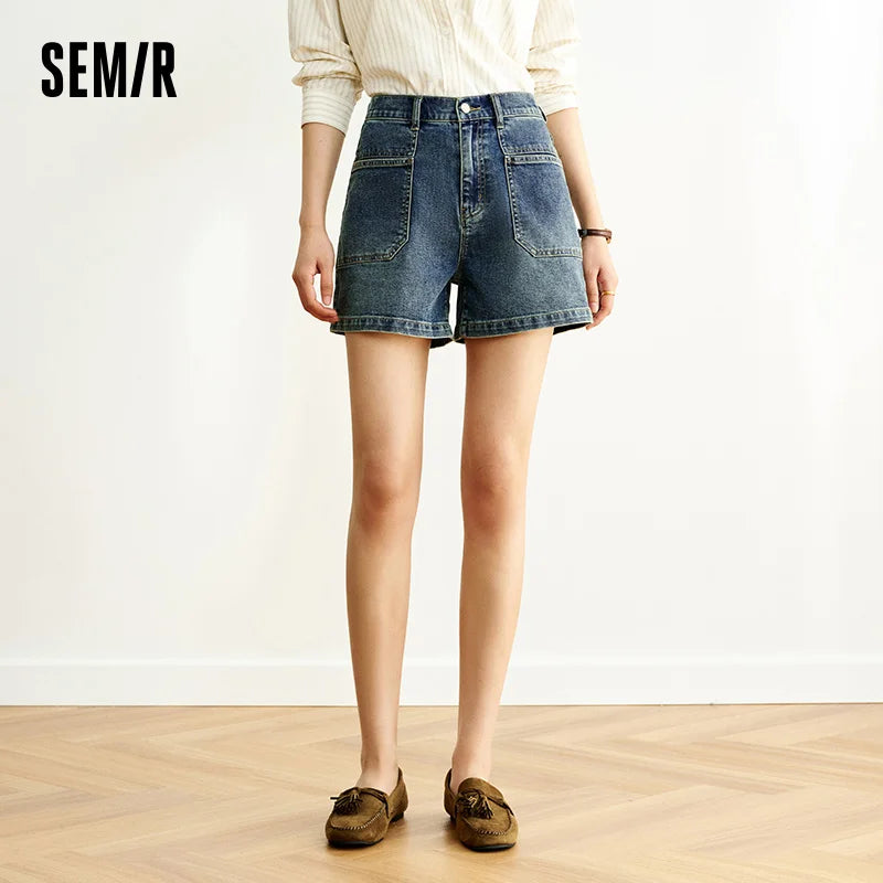 Semir Womens Denim Shorts 2026 Vintage Washed Semi Elastic Waist Straight Casual Soft