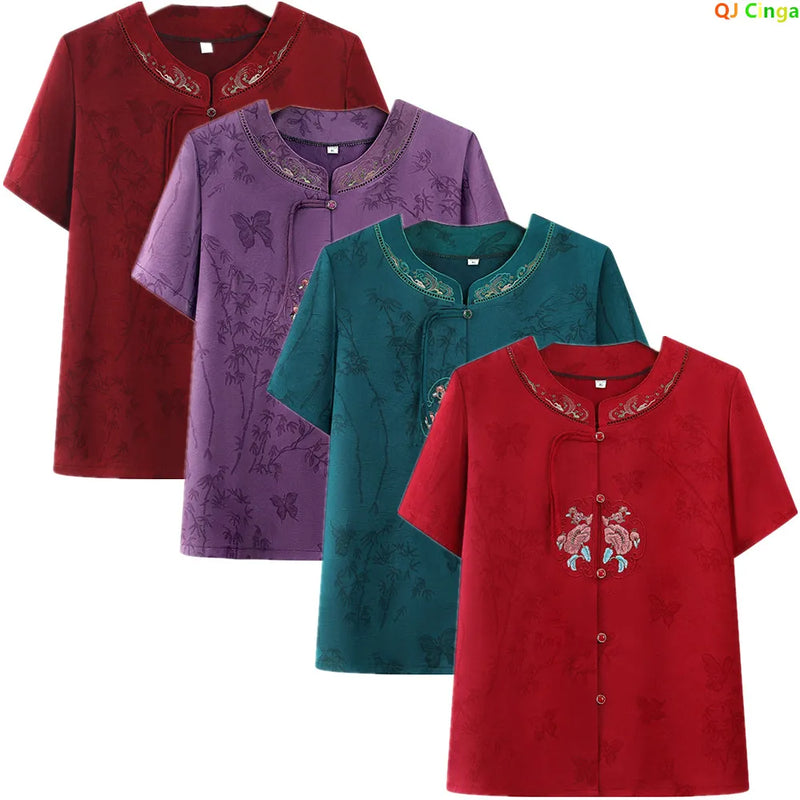 Chinese-style Women's V-neck Short-sleeve Shirts, Summer Single-breasted Embroidered Shirt, Available in Red, Purple, and Green.