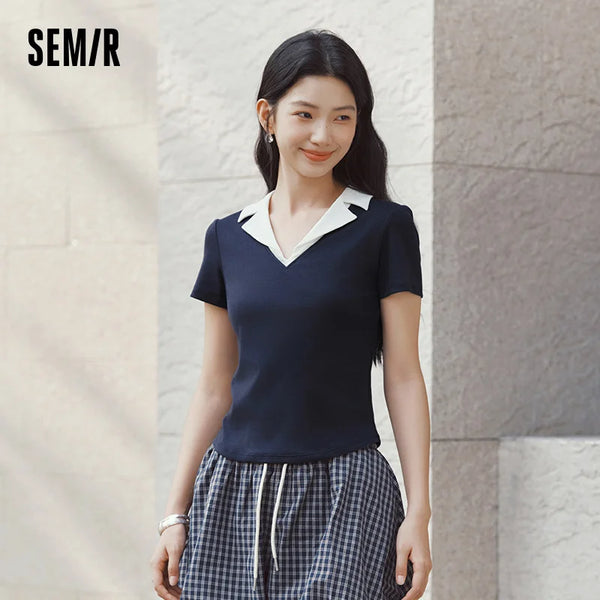 អាវប៉ូឡូខ្លី Semir សម្រាប់នារី 2026 ស្ទីលឡូយៗ មានអារម្មណ៍ត្រជាក់ បែបប្លុកពណ៌ ស្លីម សម្រាប់ធ្វើដំណើរ ស្ទីលធម្មតា