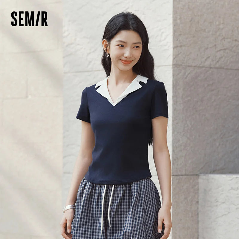 Semir Womens Polo 2026 Short Style Cool Feeling Color Block Lapel Slim Commute Style Casual