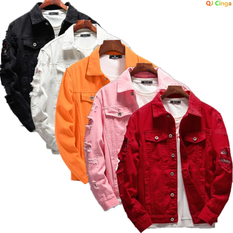 Men's Red Long-sleeve Jacket for Spring and Fall; Black Denim Coats with A Turn-down Collar, Available in Orange, White, Pink.