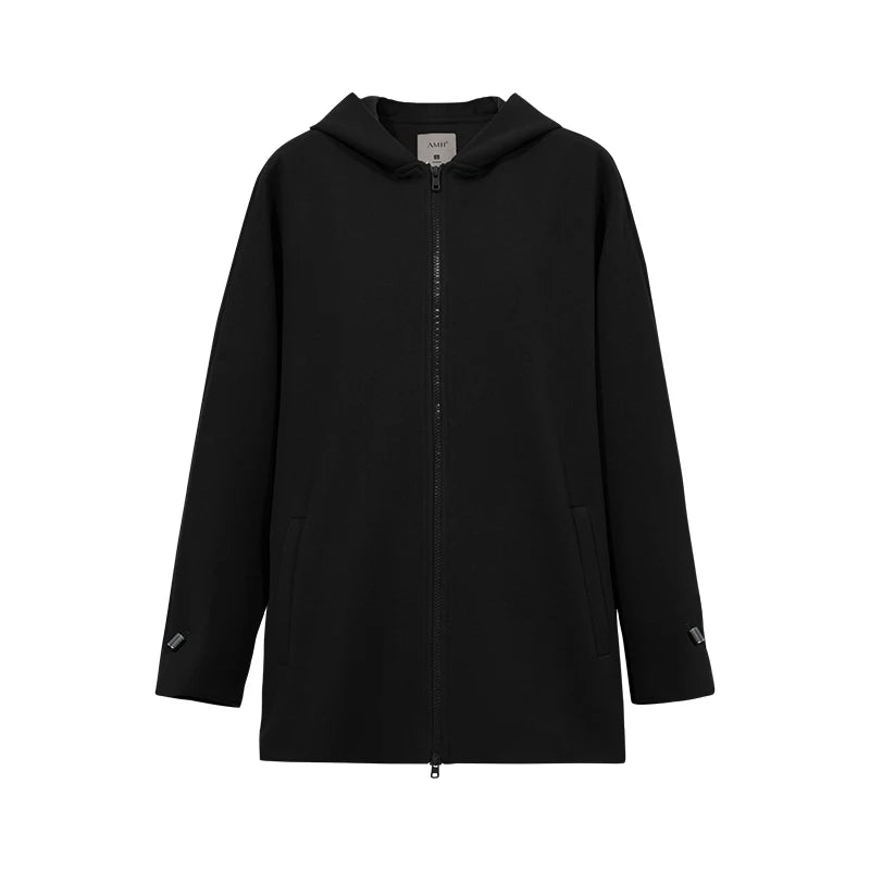 Amii Mid-Length Zip Up Hooded Loose Fit Drop Shoulder Minimalist Casual Commuter Winter 2026 Women's Knit Jacket 12654002